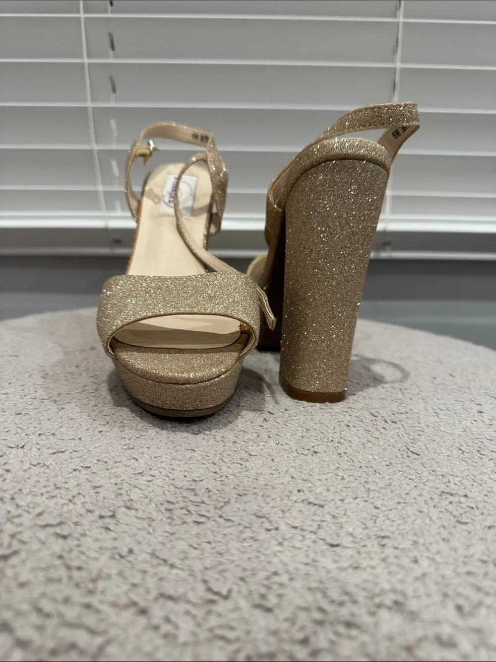 Glitter Platform T-Strap Heels in Gold